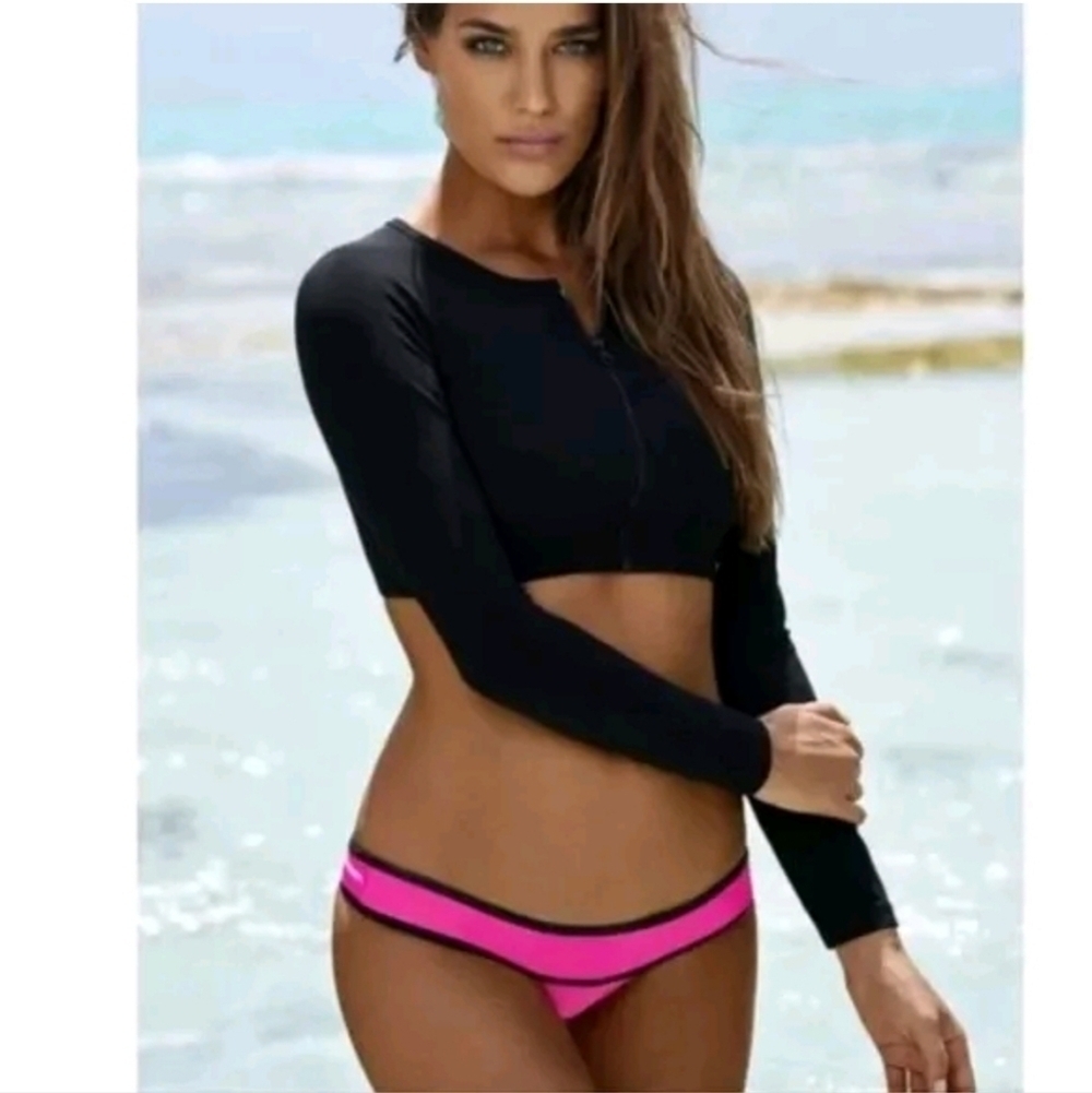 PILYQ Neo Block Pink Piped Banded Full Swim Bottoms Women's Size Large NEW
